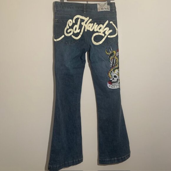 Vintage Ed Hardy Skull & Serpent Embroidered Low Rise Y2K Grail Jeans Size 26 - Picture 16 of 16